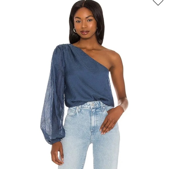 CAMI NYC Top Lenore ONE SHOULDER STRIPED Blue COTTON SILK BLEND Shirt Sz S - Picture 1 of 13